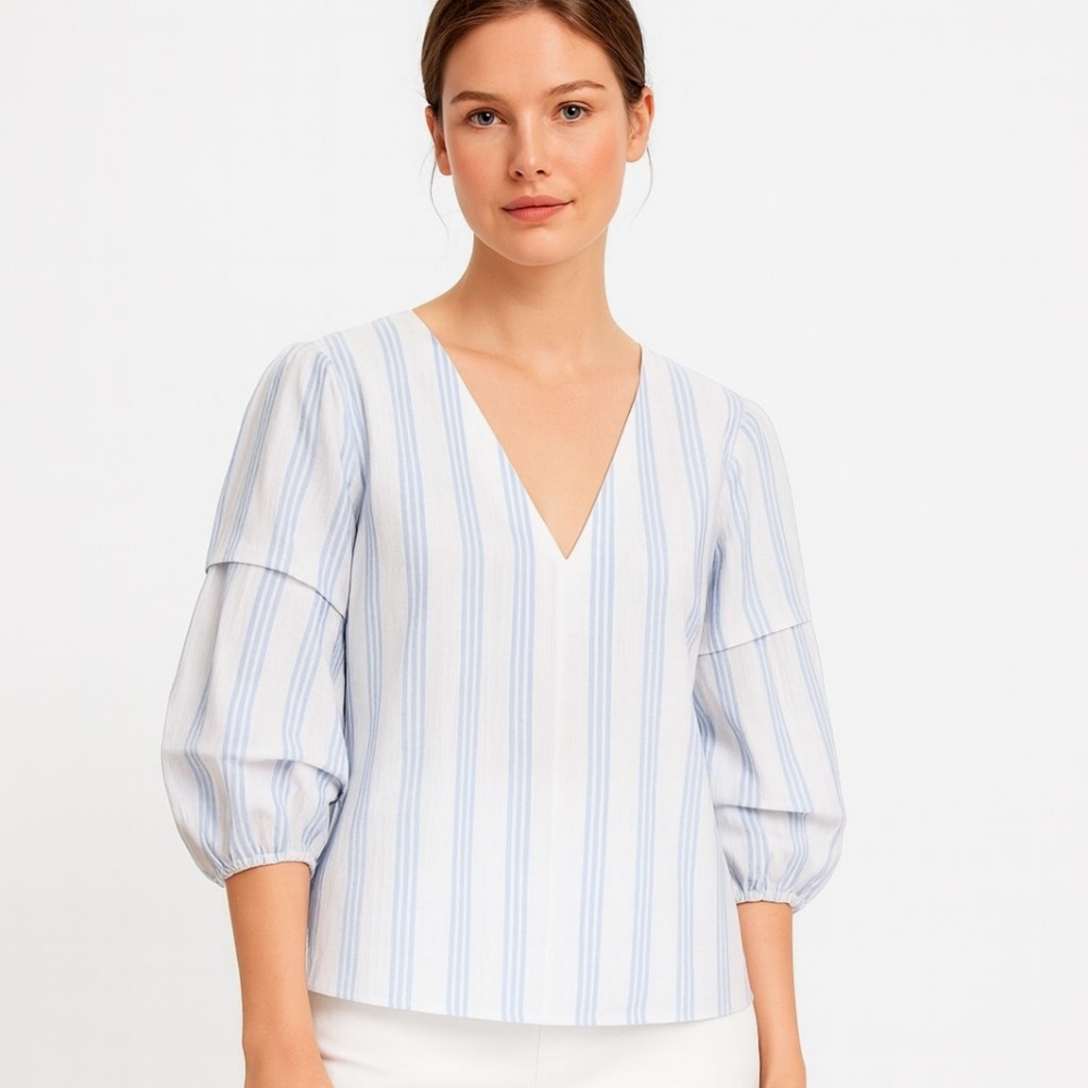 Zara Striped V-Neck Blouse Blue White Long Sleeve XS New Without Tags